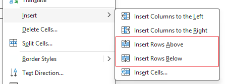 Add new table row from right click menu in Word